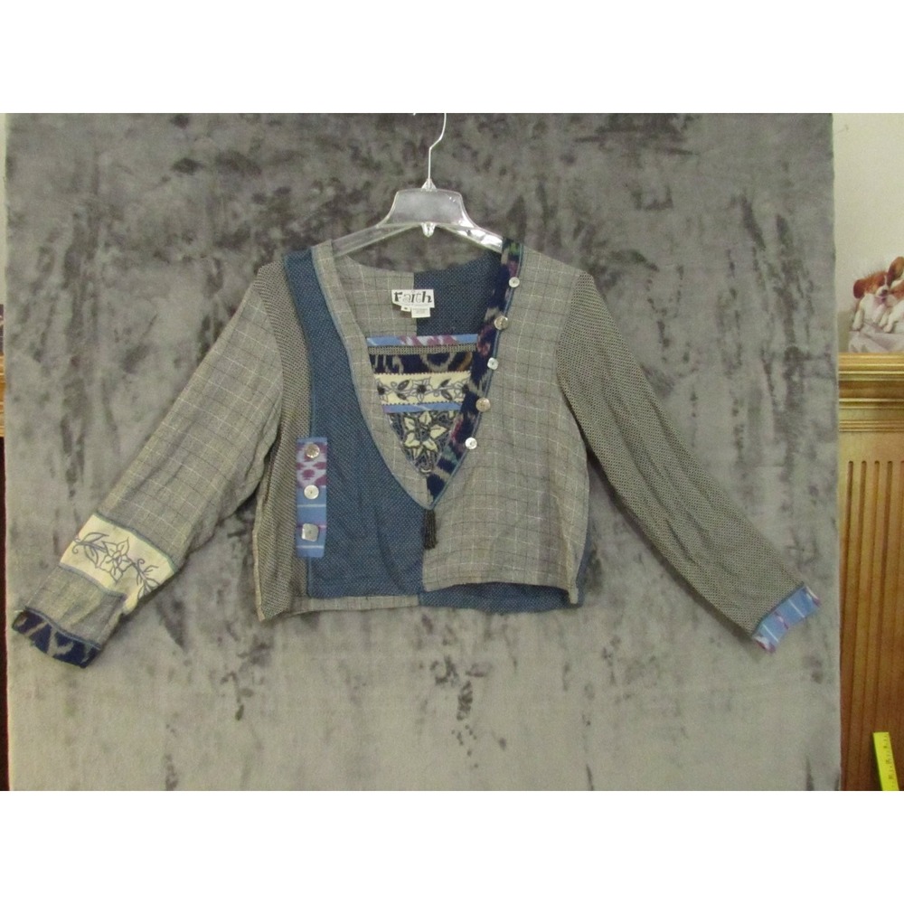 Faith Women's M Patchwork Beaded Embroidered Gray Blue Asymmetrical Top Blouse